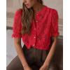 imagePRETTYGARDEN Womens 2025 Spring Lace Tops Short Puff Sleeve Casual Dressy Blouses Eyelet Crew Neck Button Down ShirtsRed
