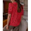 imagePRETTYGARDEN Womens 2025 Spring Lace Tops Short Puff Sleeve Casual Dressy Blouses Eyelet Crew Neck Button Down ShirtsRed