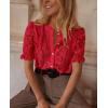 imagePRETTYGARDEN Womens 2025 Spring Lace Tops Short Puff Sleeve Casual Dressy Blouses Eyelet Crew Neck Button Down ShirtsRed