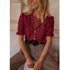 imagePRETTYGARDEN Womens 2025 Spring Lace Tops Short Puff Sleeve Casual Dressy Blouses Eyelet Crew Neck Button Down ShirtsWine Red