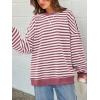 imagePRETTYGARDEN Womens Striped Oversized Sweatshirt Color Block Crew Neck Long Sleeve Casual Loose Pullover Top Y2K ClothesBean Paste Red White