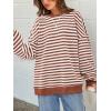 imagePRETTYGARDEN Womens Striped Oversized Sweatshirt Color Block Crew Neck Long Sleeve Casual Loose Pullover Top Y2K ClothesBrick Red White