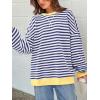 imagePRETTYGARDEN Womens Striped Oversized Sweatshirt Color Block Crew Neck Long Sleeve Casual Loose Pullover Top Y2K ClothesDark Blue White