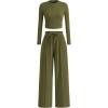 imagePRETTYGARDEN Womens 2 Piece Sets 2025 Fall Long Sleeve Crop Tops Wide Leg Pants Matching Outfit Tracksuits Fashion ClothingArmy Green