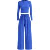 imagePRETTYGARDEN Womens 2 Piece Sets 2025 Fall Long Sleeve Crop Tops Wide Leg Pants Matching Outfit Tracksuits Fashion ClothingBlue