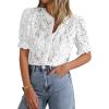 imagePRETTYGARDEN Womens 2025 Spring Lace Tops Short Puff Sleeve Casual Dressy Blouses Eyelet Crew Neck Button Down ShirtsWhite