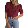 imagePRETTYGARDEN Womens 2025 Spring Lace Tops Short Puff Sleeve Casual Dressy Blouses Eyelet Crew Neck Button Down ShirtsWine Red