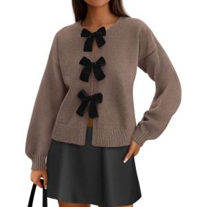 imagePRETTYGARDEN Cardigan Sweaters for Women Fall Fashion 2025 Bow Tie Front Long Sleeve Knit Sweater Tops Cute Winter ClothesCoffee