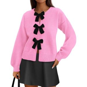 imagePRETTYGARDEN Cardigan Sweaters for Women Fall Fashion 2025 Bow Tie Front Long Sleeve Knit Sweater Tops Cute Winter ClothesPink