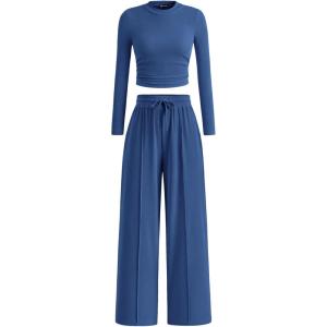 imagePRETTYGARDEN Womens 2 Piece Sets 2025 Fall Long Sleeve Crop Tops Wide Leg Pants Matching Outfit Tracksuits Fashion ClothingDark Blue