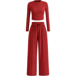 imagePRETTYGARDEN Womens 2 Piece Sets 2025 Fall Long Sleeve Crop Tops Wide Leg Pants Matching Outfit Tracksuits Fashion ClothingRed