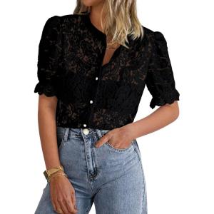 imagePRETTYGARDEN Womens 2025 Spring Lace Tops Short Puff Sleeve Casual Dressy Blouses Eyelet Crew Neck Button Down ShirtsBlack