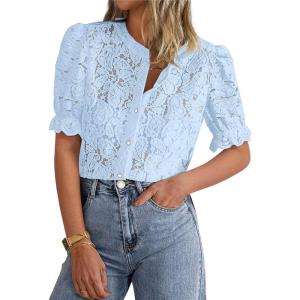 imagePRETTYGARDEN Womens 2025 Spring Lace Tops Short Puff Sleeve Casual Dressy Blouses Eyelet Crew Neck Button Down ShirtsLight Blue
