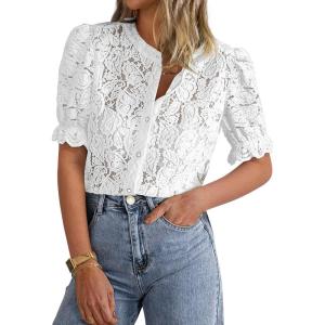 imagePRETTYGARDEN Womens 2025 Spring Lace Tops Short Puff Sleeve Casual Dressy Blouses Eyelet Crew Neck Button Down ShirtsWhite