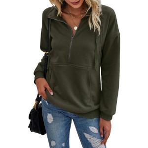 imagePRETTYGARDEN Womens Casual Long Sleeve Lapel Zipper Sweatshirt Drawstring Loose Pullover TopsArmy Green