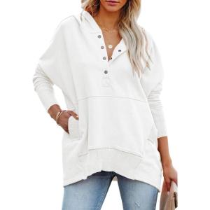 imagePRETTYGARDEN Womens Casual Long Sleeve Lapel Zipper Sweatshirt Drawstring Loose Pullover TopsBeige White