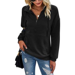 imagePRETTYGARDEN Womens Casual Long Sleeve Lapel Zipper Sweatshirt Drawstring Loose Pullover TopsBlack