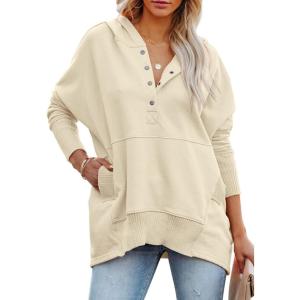 imagePRETTYGARDEN Womens Casual Long Sleeve Lapel Zipper Sweatshirt Drawstring Loose Pullover TopsButton Apricot
