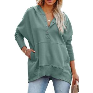 imagePRETTYGARDEN Womens Casual Long Sleeve Lapel Zipper Sweatshirt Drawstring Loose Pullover TopsButton Bean Green