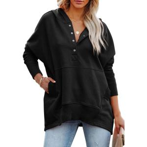 imagePRETTYGARDEN Womens Casual Long Sleeve Lapel Zipper Sweatshirt Drawstring Loose Pullover TopsButton Black