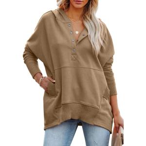 imagePRETTYGARDEN Womens Casual Long Sleeve Lapel Zipper Sweatshirt Drawstring Loose Pullover TopsButton Coffee