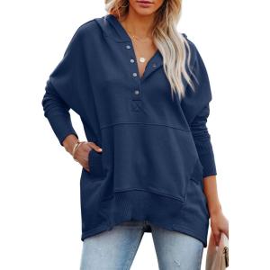 imagePRETTYGARDEN Womens Casual Long Sleeve Lapel Zipper Sweatshirt Drawstring Loose Pullover TopsButton Dark Blue