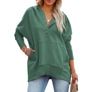 imagePRETTYGARDEN Womens Casual Long Sleeve Lapel Zipper Sweatshirt Drawstring Loose Pullover TopsButton Green