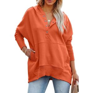 imagePRETTYGARDEN Womens Casual Long Sleeve Lapel Zipper Sweatshirt Drawstring Loose Pullover TopsButton Orange