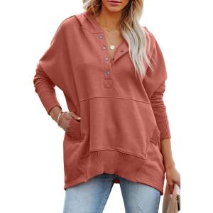 imagePRETTYGARDEN Womens Casual Long Sleeve Lapel Zipper Sweatshirt Drawstring Loose Pullover TopsButton Orange Pink