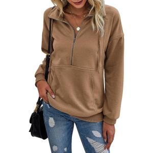 imagePRETTYGARDEN Womens Casual Long Sleeve Lapel Zipper Sweatshirt Drawstring Loose Pullover TopsCoffee