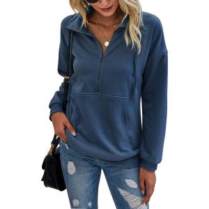 imagePRETTYGARDEN Womens Casual Long Sleeve Lapel Zipper Sweatshirt Drawstring Loose Pullover TopsDark Blue