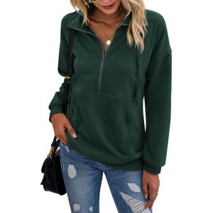 imagePRETTYGARDEN Womens Casual Long Sleeve Lapel Zipper Sweatshirt Drawstring Loose Pullover TopsDark Green