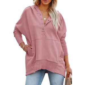 imagePRETTYGARDEN Womens Casual Long Sleeve Lapel Zipper Sweatshirt Drawstring Loose Pullover TopsDusty Pink