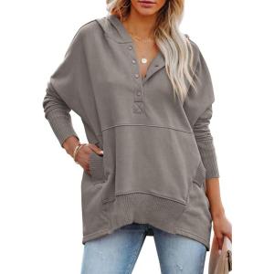 imagePRETTYGARDEN Womens Casual Long Sleeve Lapel Zipper Sweatshirt Drawstring Loose Pullover TopsGrey