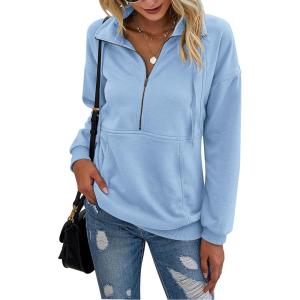 imagePRETTYGARDEN Womens Casual Long Sleeve Lapel Zipper Sweatshirt Drawstring Loose Pullover TopsLight Blue