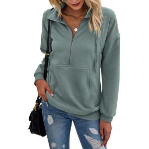 imagePRETTYGARDEN Womens Casual Long Sleeve Lapel Zipper Sweatshirt Drawstring Loose Pullover TopsLight Green