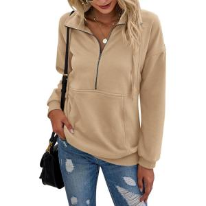 imagePRETTYGARDEN Womens Casual Long Sleeve Lapel Zipper Sweatshirt Drawstring Loose Pullover TopsLight Yellow