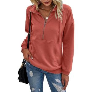imagePRETTYGARDEN Womens Casual Long Sleeve Lapel Zipper Sweatshirt Drawstring Loose Pullover TopsOrange