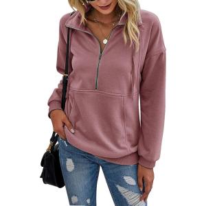 imagePRETTYGARDEN Womens Casual Long Sleeve Lapel Zipper Sweatshirt Drawstring Loose Pullover TopsPink