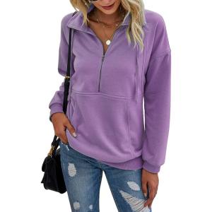 imagePRETTYGARDEN Womens Casual Long Sleeve Lapel Zipper Sweatshirt Drawstring Loose Pullover TopsPurple