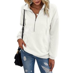 imagePRETTYGARDEN Womens Casual Long Sleeve Lapel Zipper Sweatshirt Drawstring Loose Pullover TopsWhite