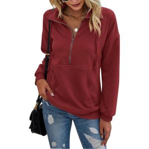 imagePRETTYGARDEN Womens Casual Long Sleeve Lapel Zipper Sweatshirt Drawstring Loose Pullover TopsWine Red
