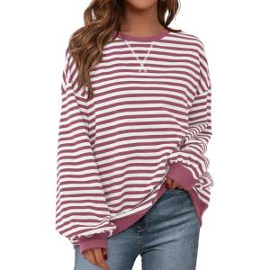 imagePRETTYGARDEN Womens Striped Oversized Sweatshirt Color Block Crew Neck Long Sleeve Casual Loose Pullover Top Y2K ClothesBean Paste Red White