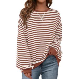imagePRETTYGARDEN Womens Striped Oversized Sweatshirt Color Block Crew Neck Long Sleeve Casual Loose Pullover Top Y2K ClothesBrick Red White