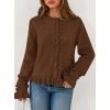 imagePRETTYGARDEN Womens Fall Button Down Cardigans Chunky Knit Ruffle Open Front Cropped Cardigan Sweaters Soft Long Sleeve TopsBrown