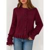 imagePRETTYGARDEN Womens Fall Button Down Cardigans Chunky Knit Ruffle Open Front Cropped Cardigan Sweaters Soft Long Sleeve TopsWine Red