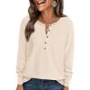 imagePRETTYGARDEN Women Long Sleeve Waffle Knit Shirts 2025 Fall Casual Button V Neck Loose Henley Tops Basic Tees Winter ClothesBeige