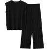 imagePRETTYGARDEN Womens 2 Piece Outfits Knit Loungewear High Low Pullover Tops and Wide Leg Pants Casual Sweater Sets TracksuitsBlack