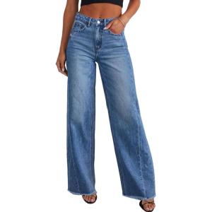 imagePRETTYGARDEN Wide Leg Jeans for Women Trendy High Waisted Stretchy Baggy Raw Hem Denim Palazzo Pants 2025 Fall ClothesDark Blue