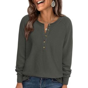 imagePRETTYGARDEN Women Long Sleeve Waffle Knit Shirts 2025 Fall Casual Button V Neck Loose Henley Tops Basic Tees Winter ClothesArmy Green